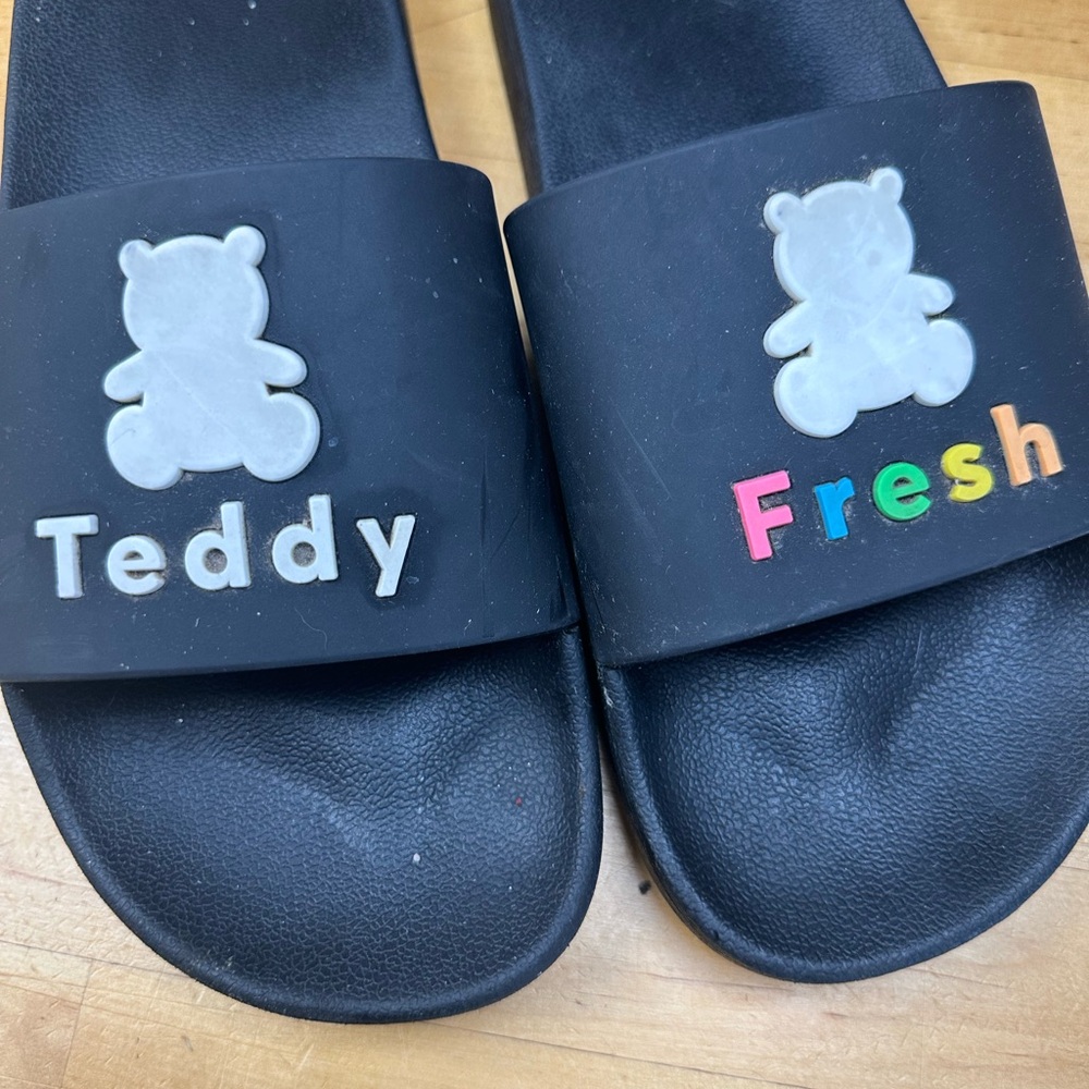 Teddy Fresh Black Slide Sandals with Teddy Bear Design